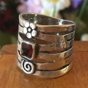 Vintage Silpada Sterling Silver Garnet Flower Swirl Ring R1048 Size 7 1/2